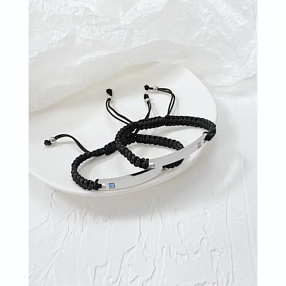 Rose Gold Adjustable Rope  Black Custom Name Stainless Steel Bracelet For Couple Jewelry Lover Her His Gift