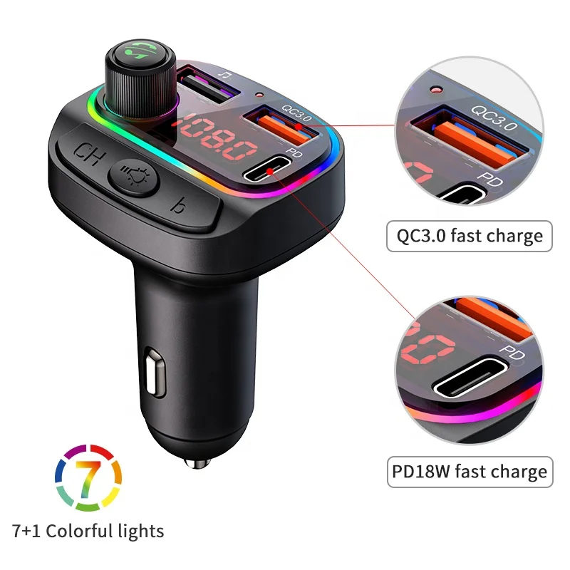 Factory Outlet New Colorful lights car fm transmitter QC3.0 PD fast charge car mp3 player with BT car charger (1600208257320)
