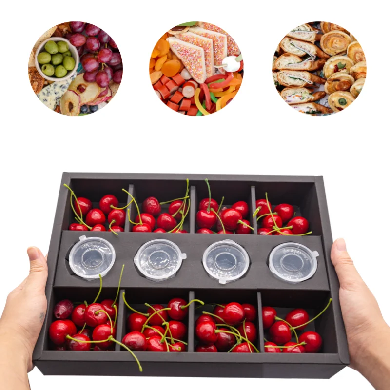 In stock black 8 dividers travel picnic meal container takeout food paper folding box with paper tray and 2oz sauce cup holder