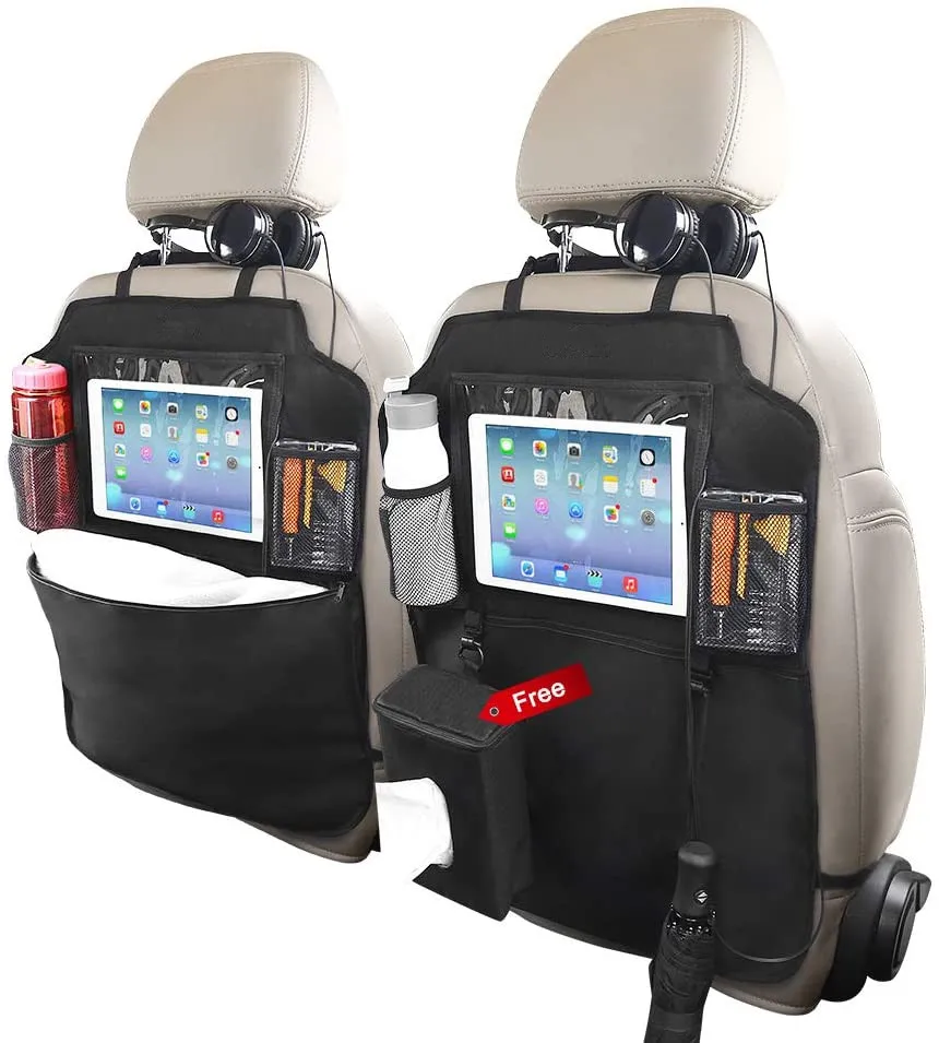 
Kick Mats Car Seat Back Protectors Back of Seat Organizers 2 Pack XL with 1 Tissue Box Clear 10 inches Ipad Holder 
