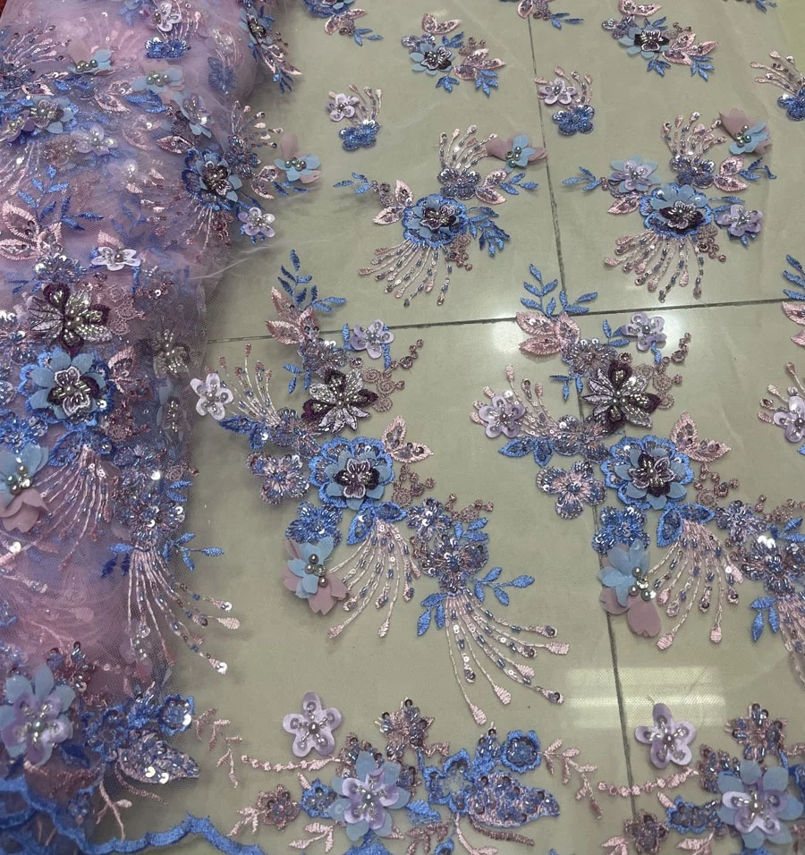 latest fashion 3d flower embroidery lace fabric with multi color beaded sequin lace applique for dresses