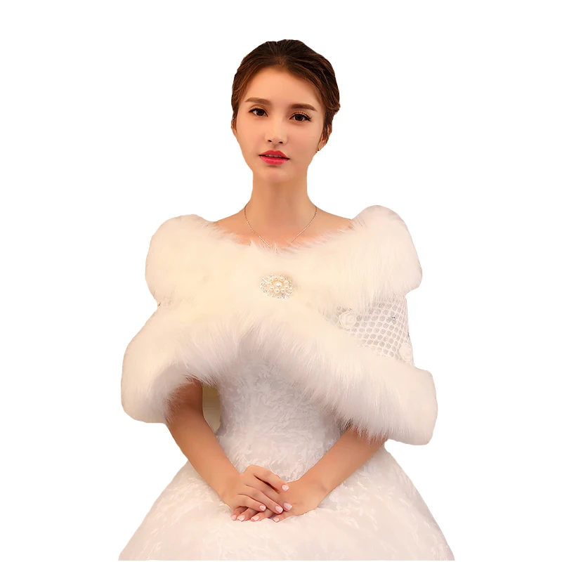 
Wholesale winter hot sale plush collar shawl mesh pearl cloth flower rhinestone bridal shawl 