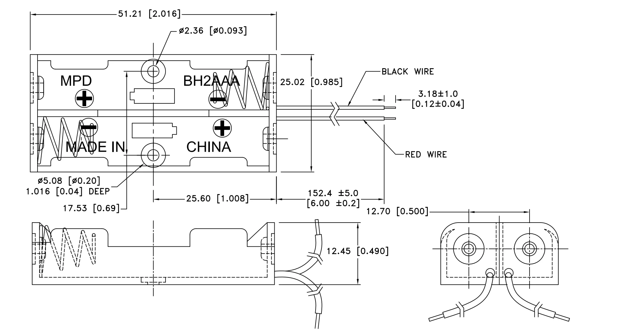 2 AAA Battery Holder with Wire leads Lead-free Solder Process Compatible