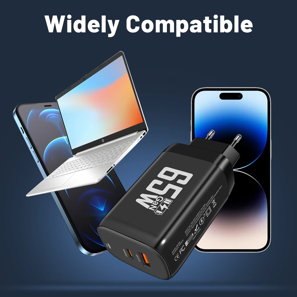 Gan 65w Usb C Charger Pd Type C +usb Dual Port Wall Charger For Iphone 16 15 14 13 Xiaomi Samsung for Macbook Phone Charging
