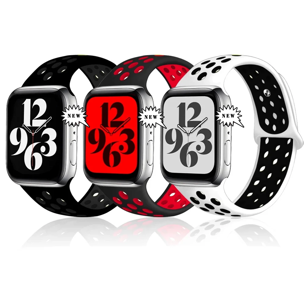 Breathable Silicone Watch Strap For Apple Watch 44mm 41mm 45mm 38mm Wrist Watch Sport Band For iWatch Series 7 6 SE 5 W26+