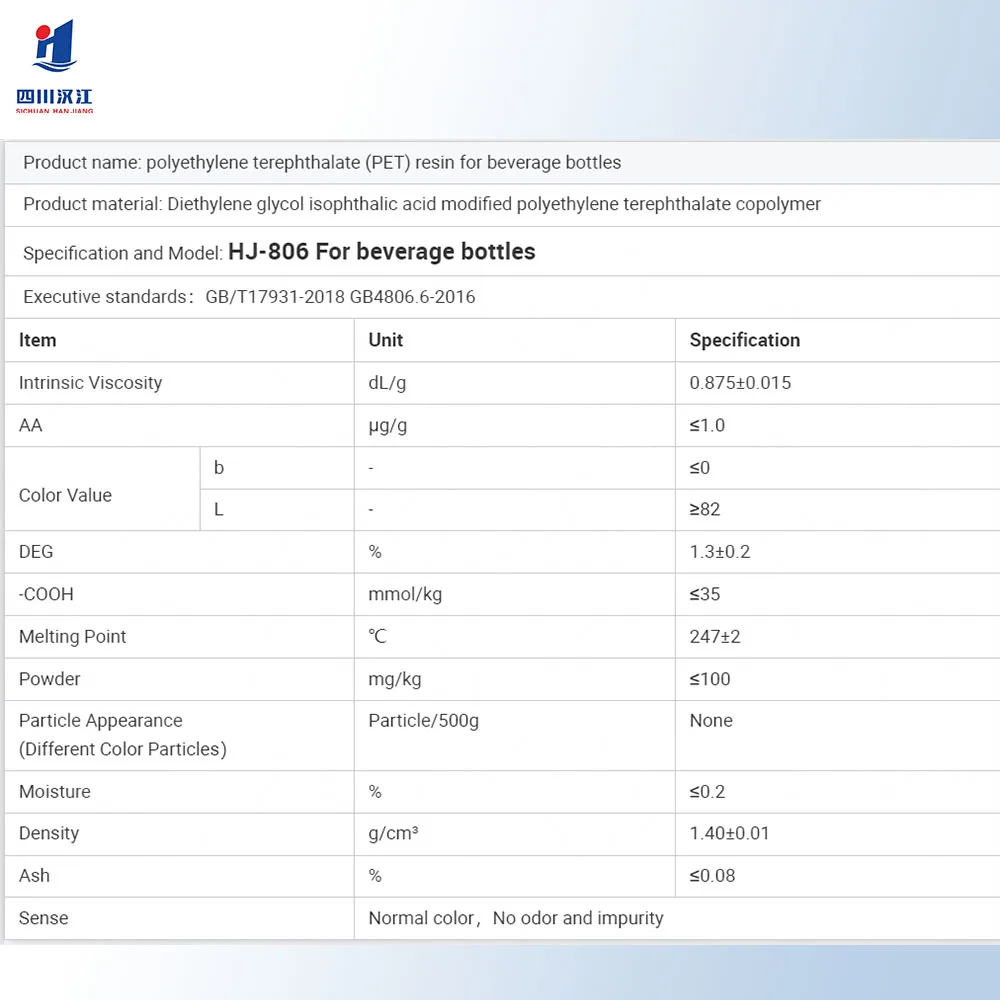 Hanjiang HJ-806 Certified Food Grade PET Resin Virgin Grade for Carbonated Beverage Bottles Model PET Chips
