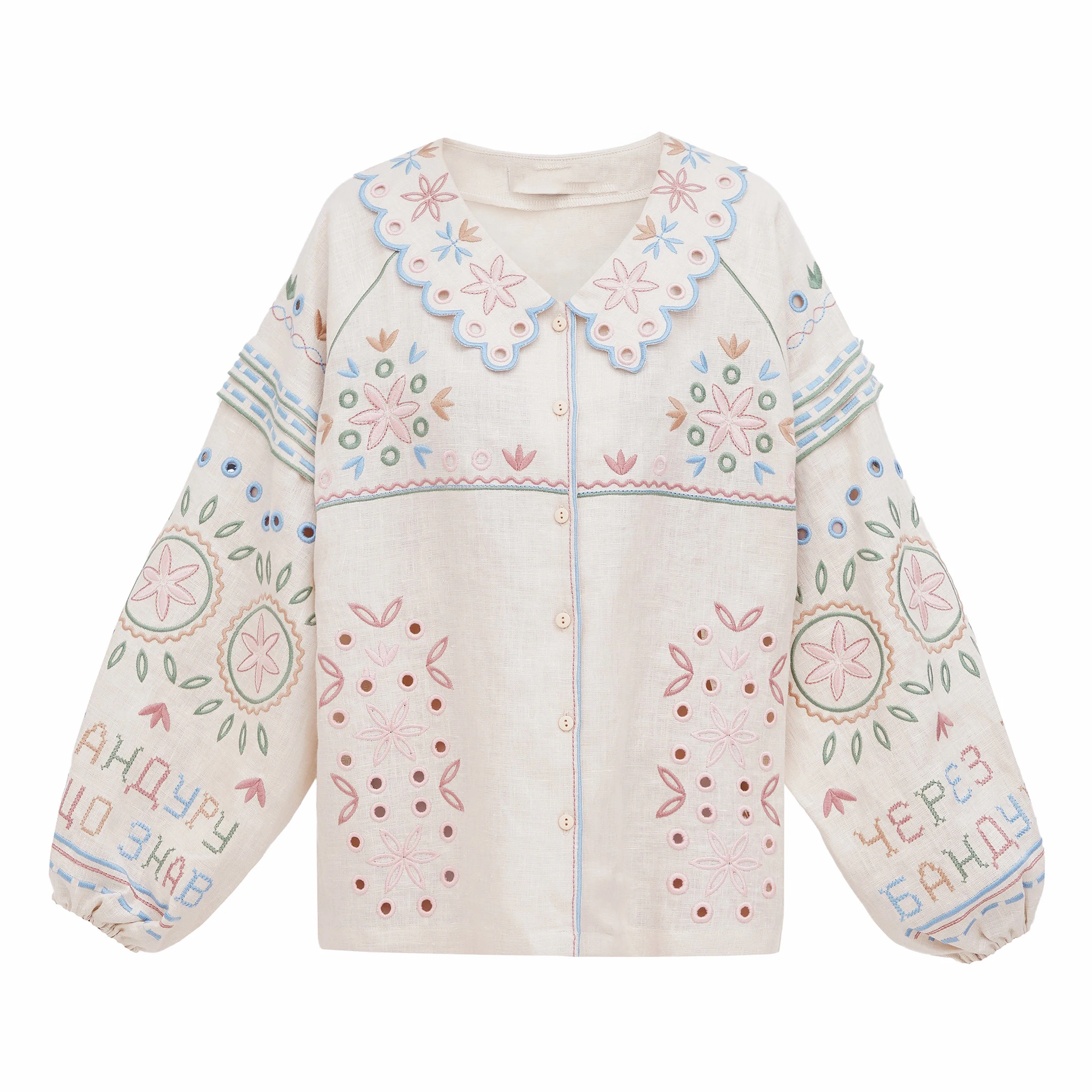 OEM new design women raglan sleeve pleats detail linen shirt floral embroidered scallop collar top STB9104A