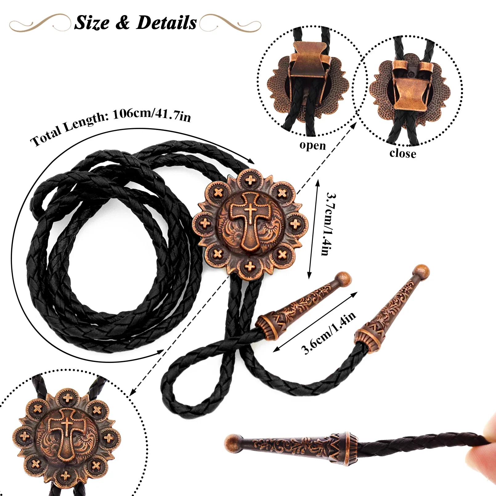 RechicGu Vintage Cross Star Bolo Tie Handmade Leather Necktie Adjustable Rodeo Necklace Western Cowboy Fashion Accessories Men