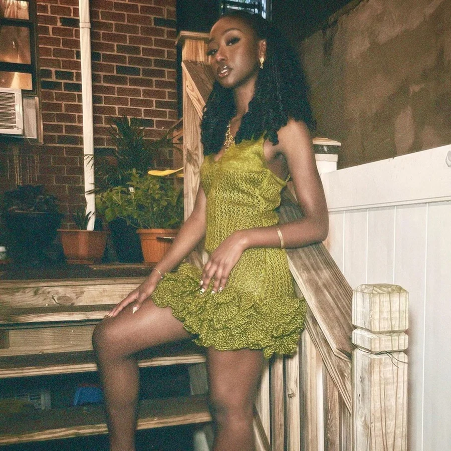 Kliou W23D33287 Women dresses sleeveless v neck falbala solid tight fitting knitted slim dress