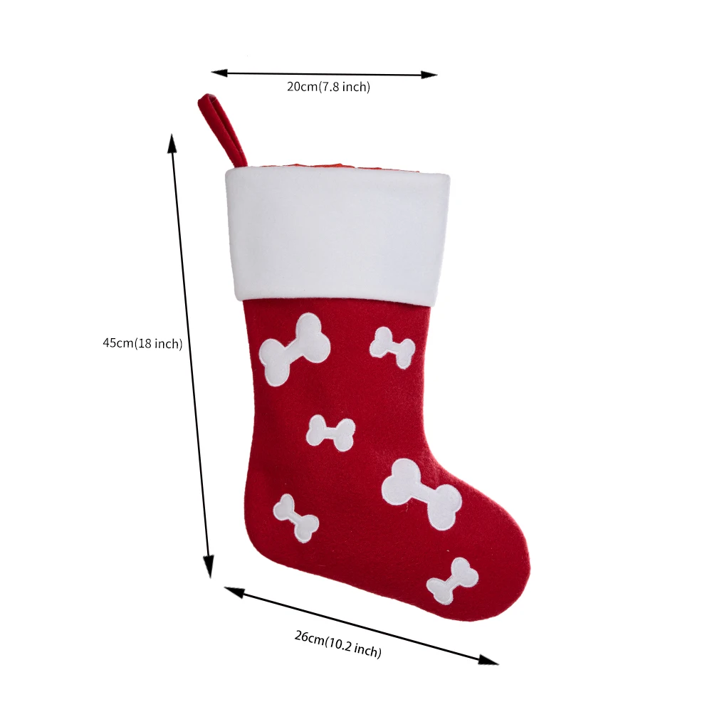 Natural Burlap Holidays Gift Bone Shaped Red and White Christmas Stocking with Hanging Hooks
