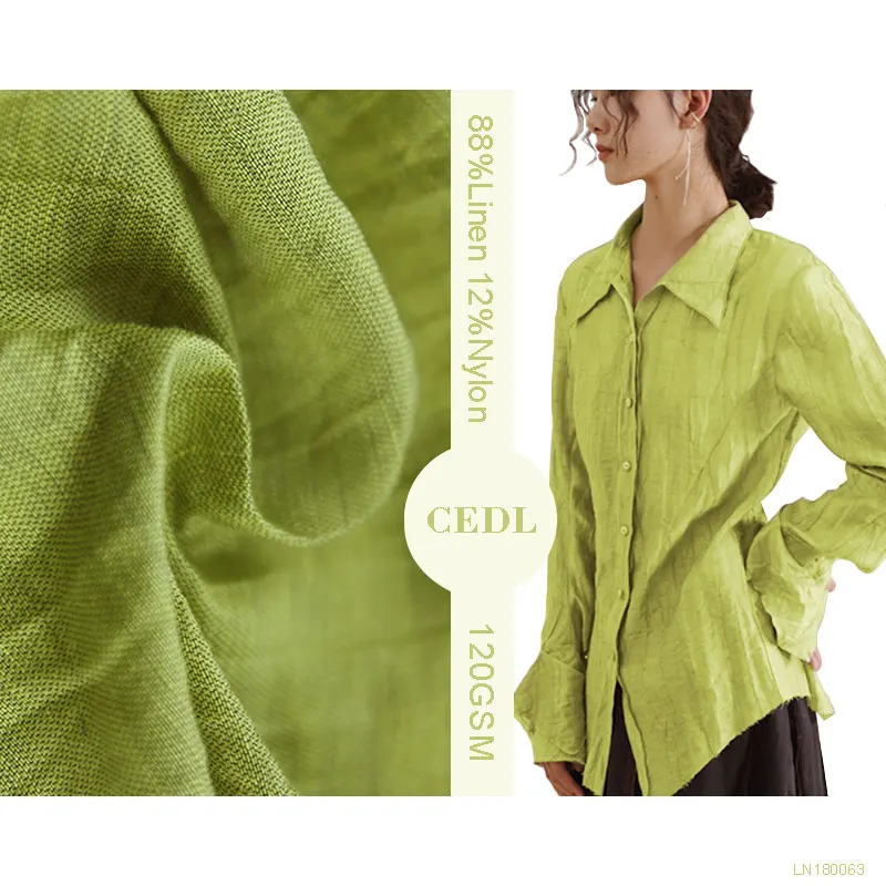 Accept Customization Linen Nylon Blend Solid Textured Green Crepe Fabric for Shirts