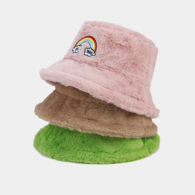 Autumn and winter outdoor fashion rainbow label plush warm bucket hat fluffy women fisherman hat