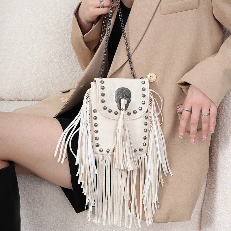 EG707 Luxury tassel rivet handbags boho mobile cell phone crossbody bag women