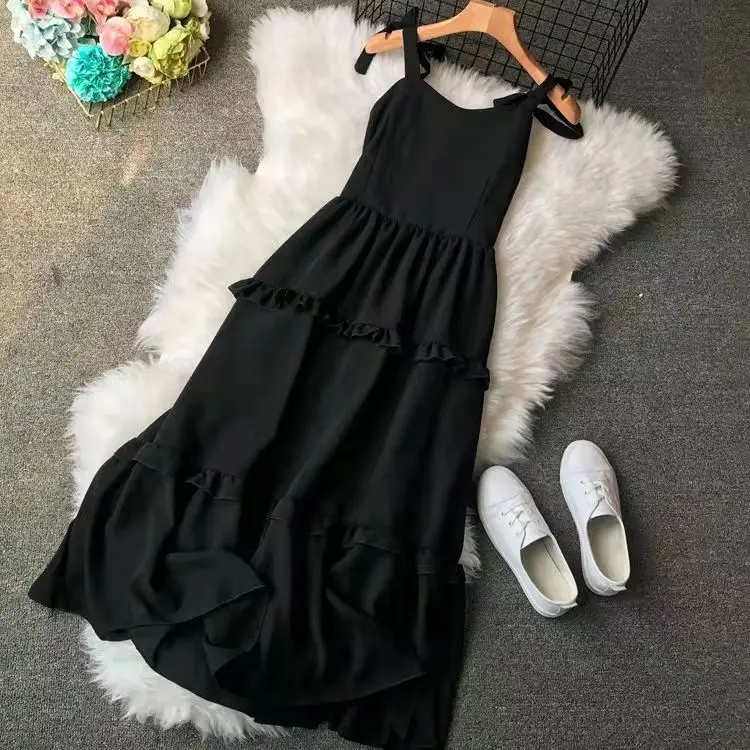 50% off New Women Elegant Ladies Elastic Waist Dresses Pure Color Tie Straps Bow Mid-Length Skirt With Suspenders And Is Slimmer