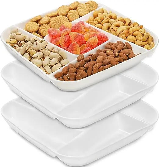 3 Pack  Ceramic Chip and Dip Serving Tray Porcelain Divided Serving Platter 5-Compartment  Stoneware Relish Fruit Dish