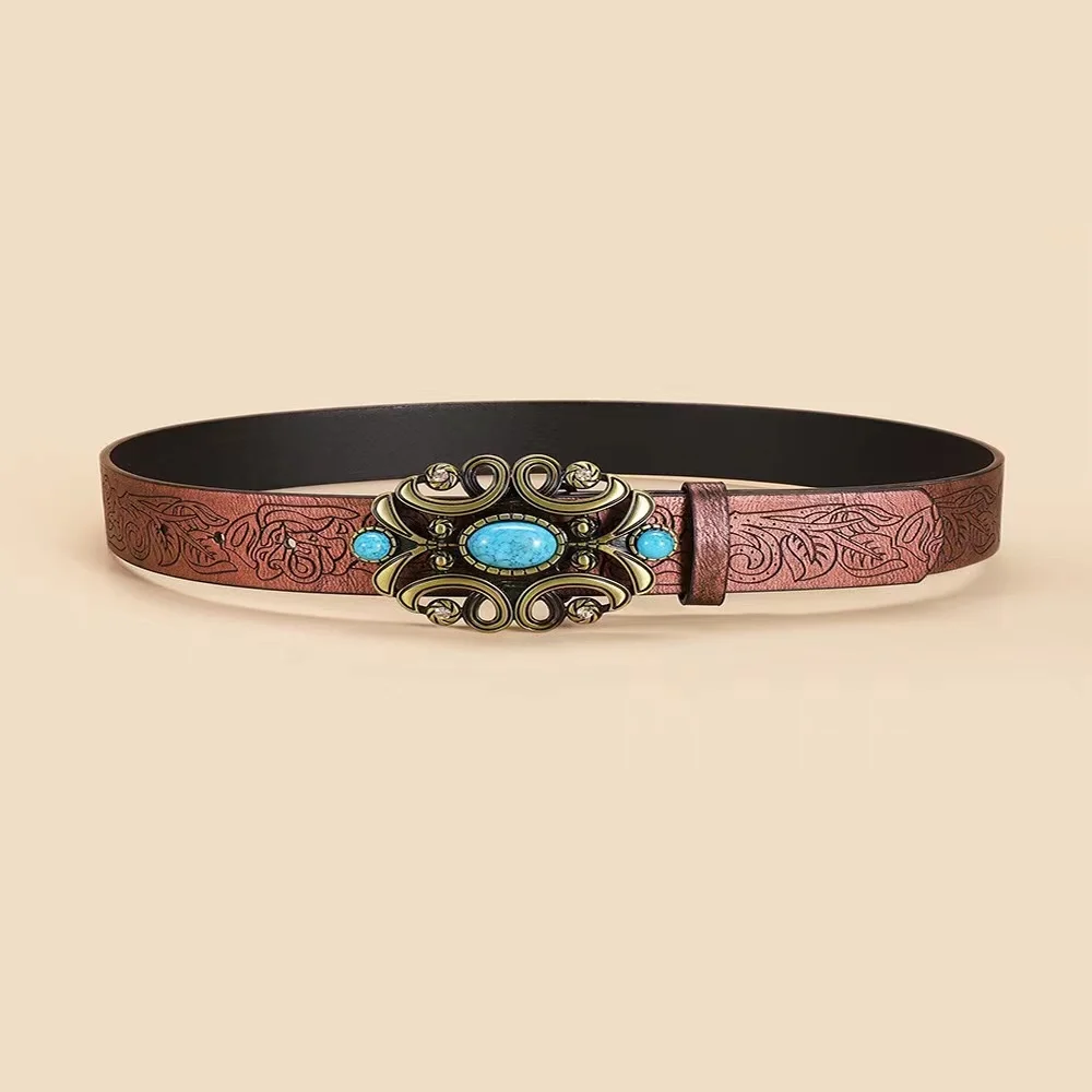 Fashion alloy vintage hundred with belt brown belt  turquoise print ethnic pu belt for women