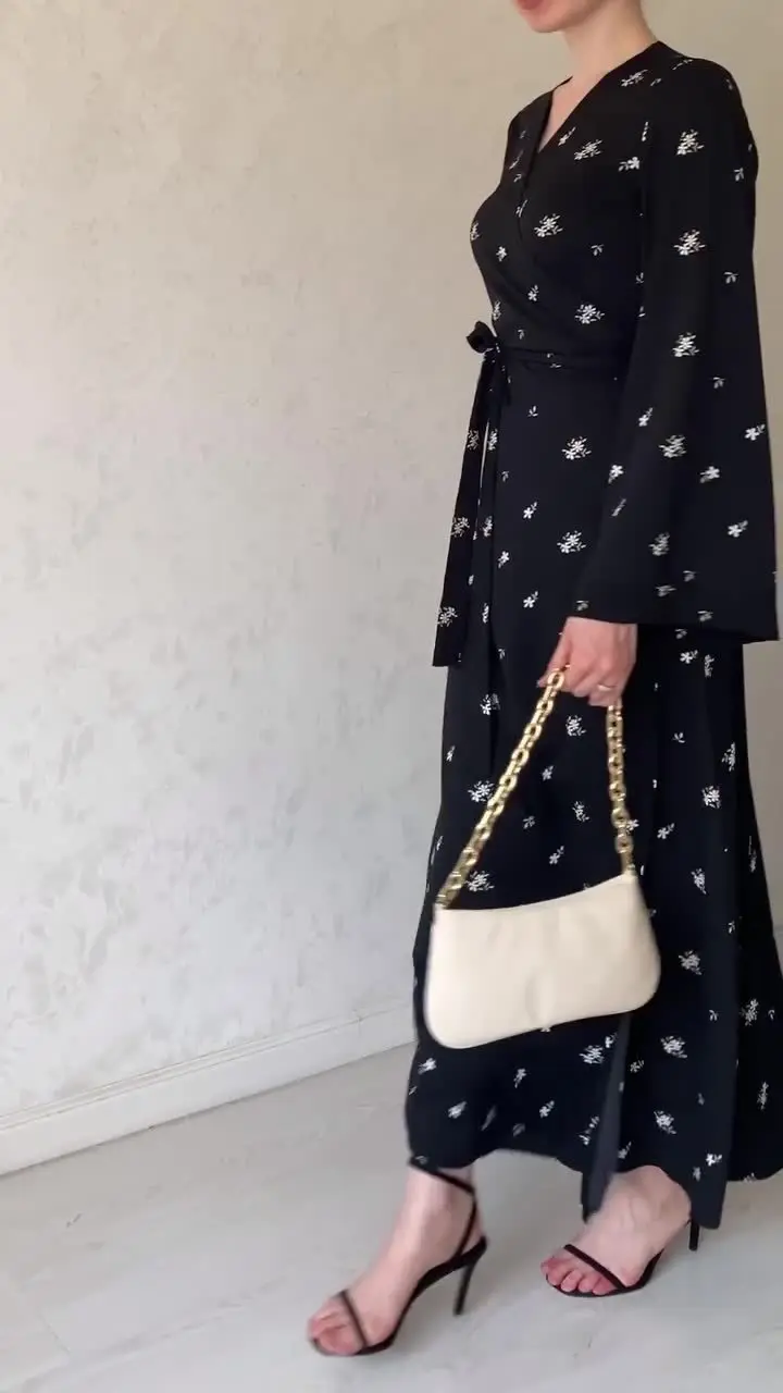 Dubai Turkish Spring Summer Party Printed Dress Islamic Clothing Middle Eastern Modern V-Neck Floral Soft Tie Belt Robe 7224