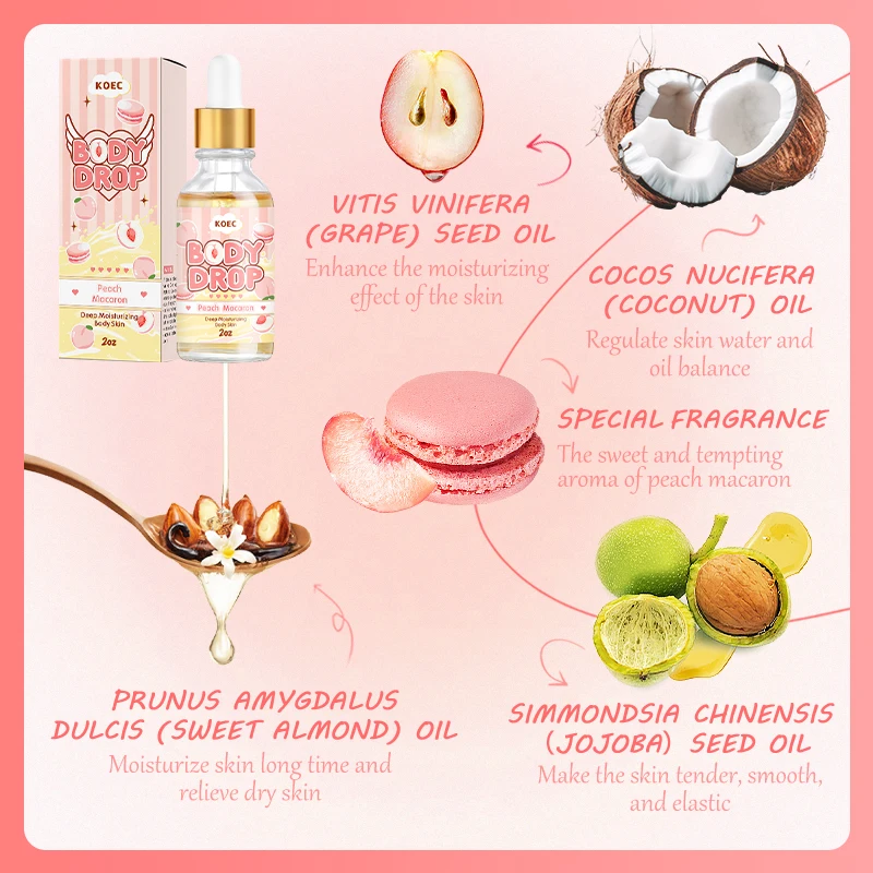 KOEC Peach Macaron Body Oil Wholesale Moisturizing 100%Natural Scent Essential Oil for Face&Body Nourishing Donut 2oz Body Juice
