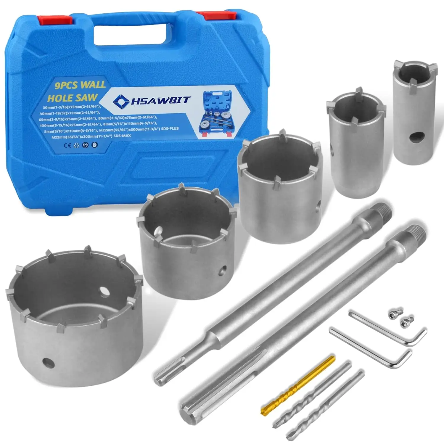 Hollow Drill Bit Set 30 mm 40 mm 65 mm 80 mm 100 mm with M22 Thread SDS Plus 300 mm