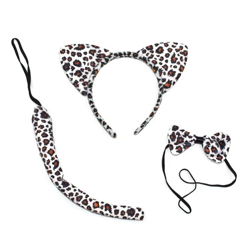 Children Baby Plush Fabric Animal Hair Accessories Cat Ears Leopard Tiger Tail Bow Hair Ties Kids Halloween Head Bands Headband