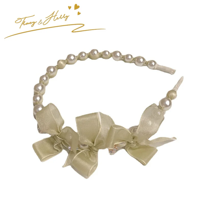 Tracy & Herry Wedding Bride Hair Accessory Fairy Gauze Bowknot Headdress Shiny Women Thin Edge Rhinestone Pearl Headband