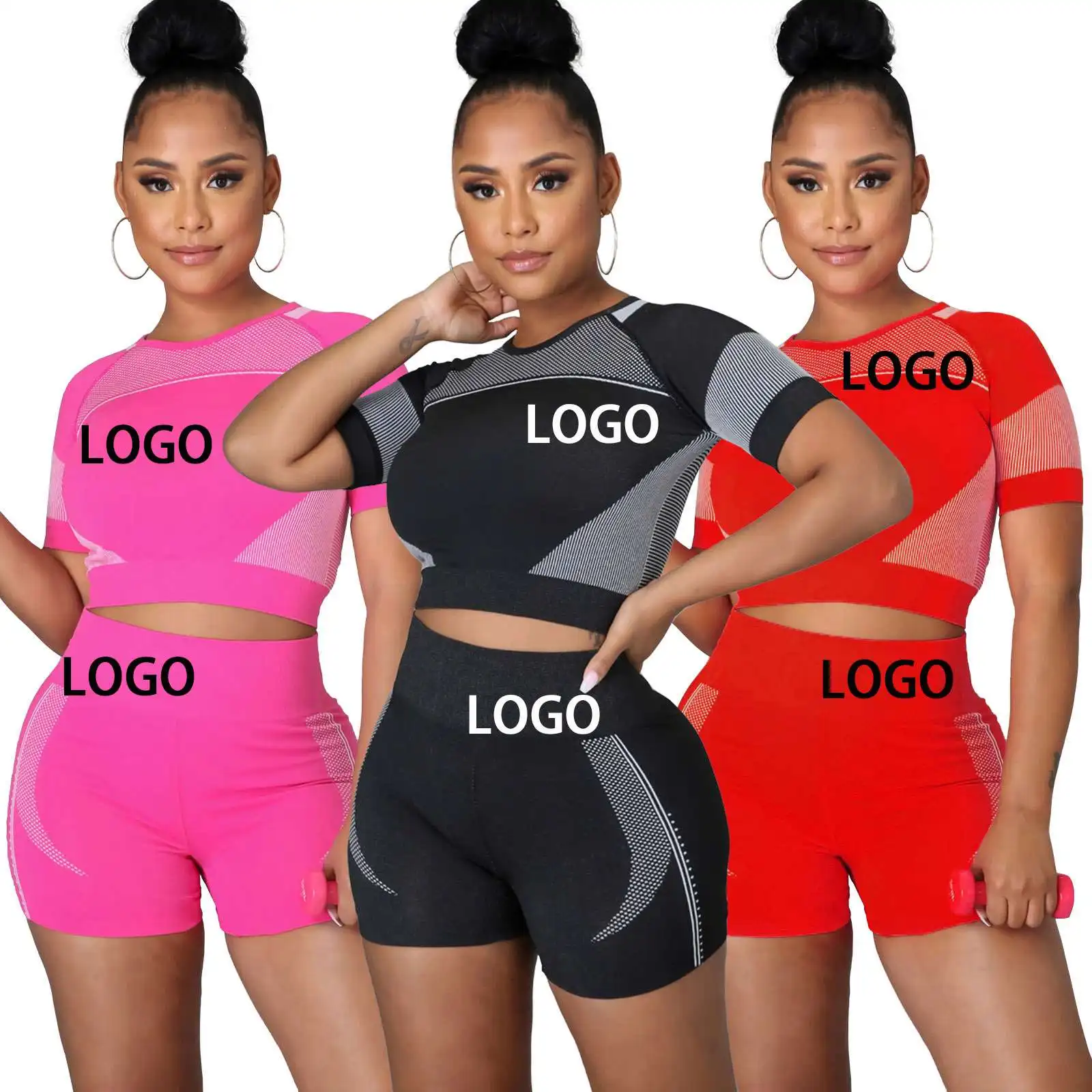 Seamless Yoga Clothing Print Yoga Short Sleeve Shorts Set Gym Fitness Sets Two Piece Set