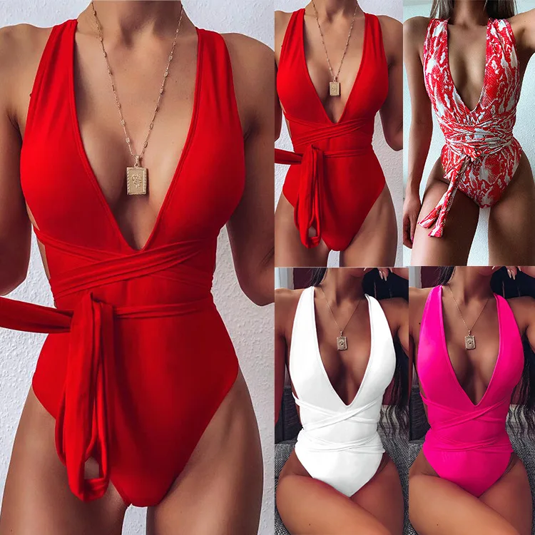 
2020 NEW Explosion ladies Europe and the United States straps one-piece bikini Self Tie Plunging One Piece Swimsuit 