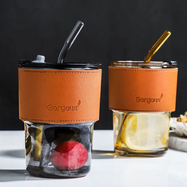 Custom Leak-Proof Reusable Glass Bamboo Joint Cup Leather Case With Lid Straw For Water Tea Milk Coffee Mugs