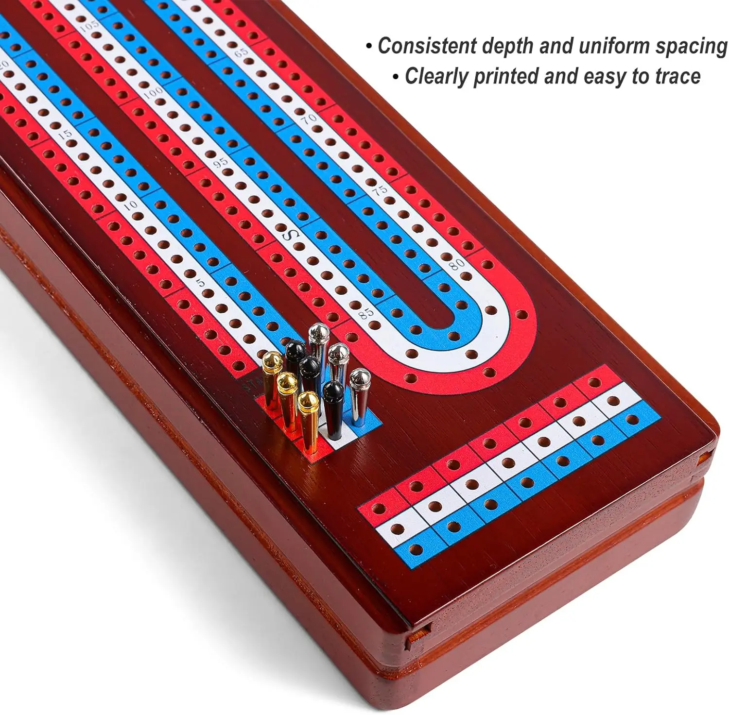 Cribbage Board Game Set with Large Storage - Solid Wood 3-Track Board, 9 Metal Pegs, 2 Decks of Cards for Game Night & Travel