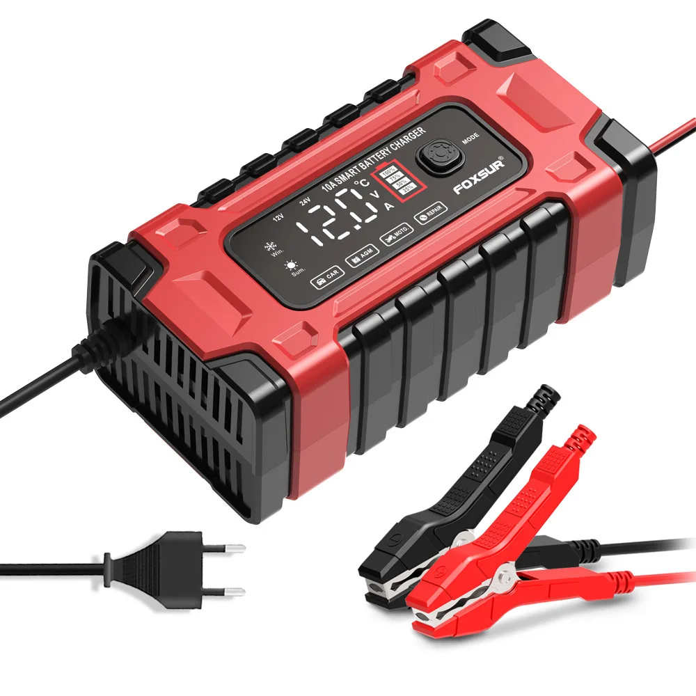 Foxsur Portable Car Battery Charger 12V 24V 10A Motorcycle pulse Repair Trickle Charger for GEL AGM Lead Acid Battery