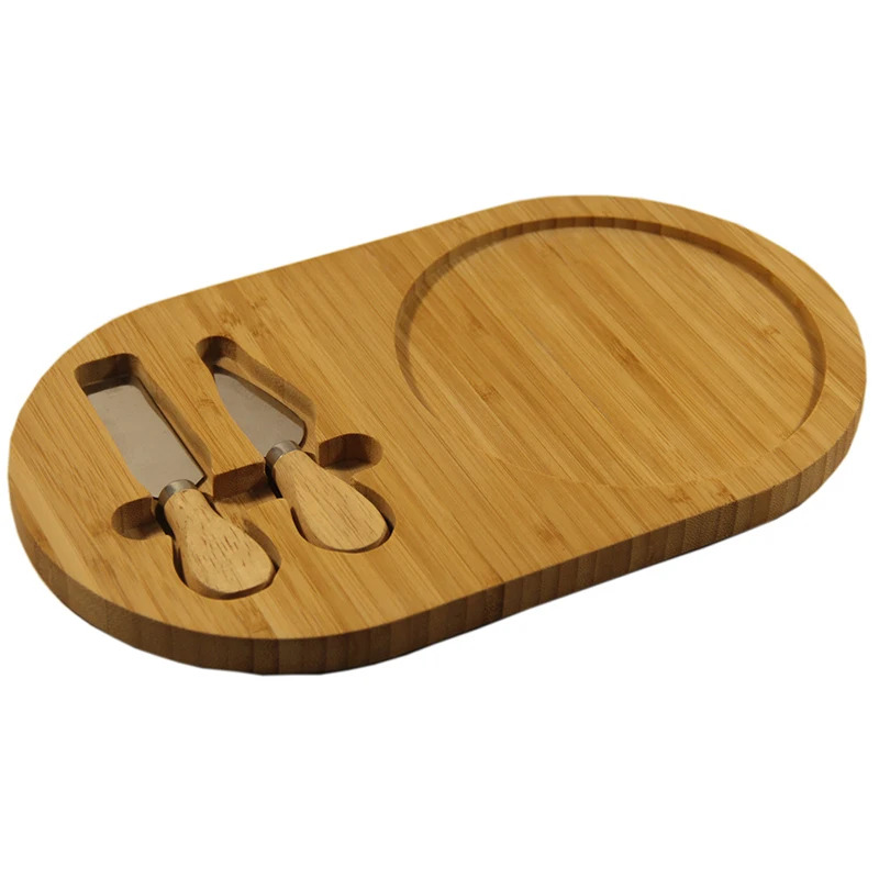 Plate Cheese Boards 2 Piece Knifes Tools Bamboo Cheese Board Serving Platter Set With Tray