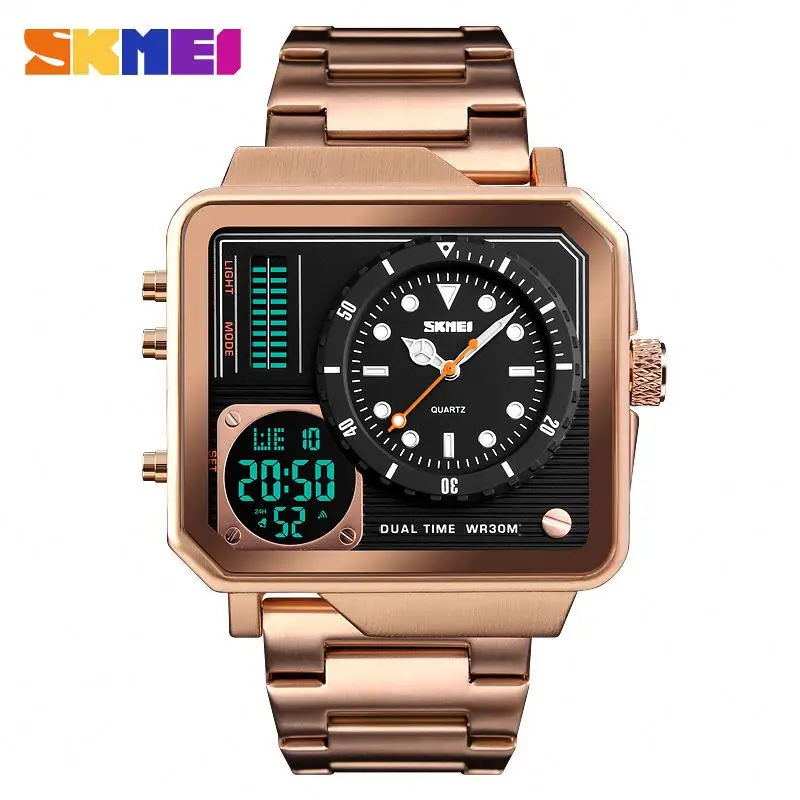 SKMEI 1392 2 time zone double display quartz watch square unique dongguan Stainless steel band relogio musculino