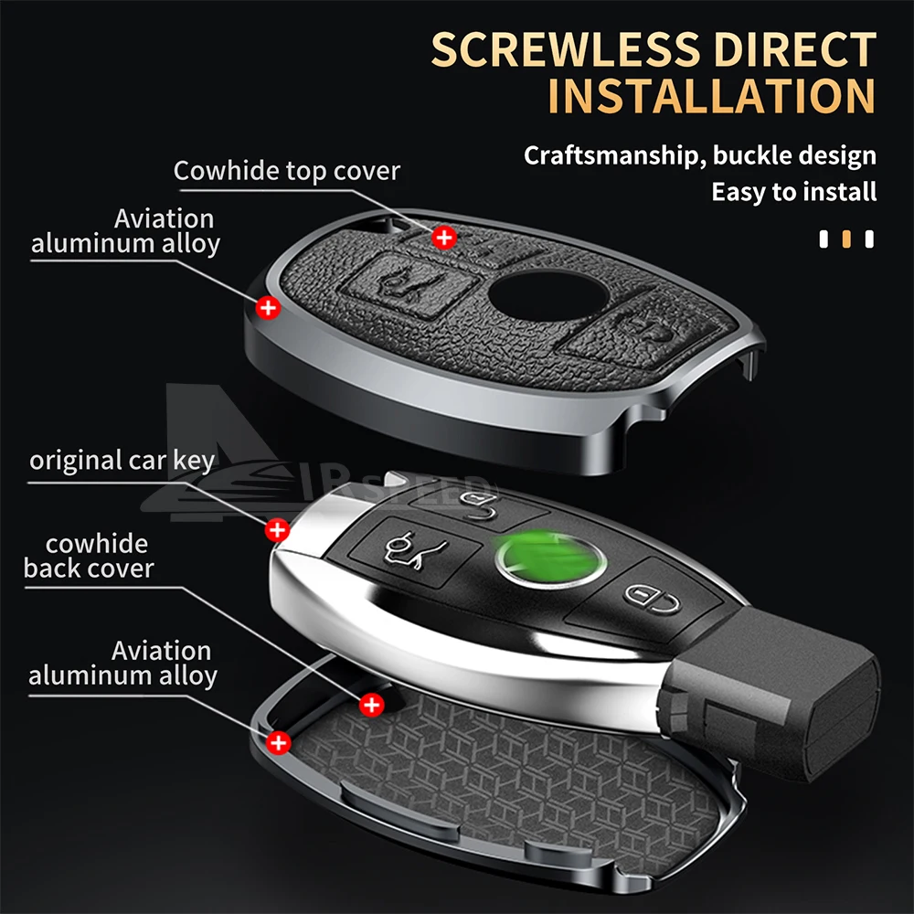 Metal Remote Key Case with Keychain for Mercedes Benz CLA GLC GLA GLK W203 Alloy Leather Car Key Cover Fob Protective