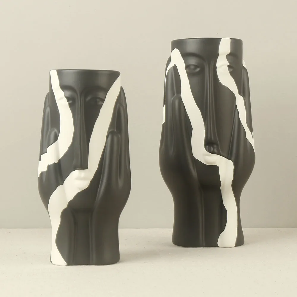 11 inch Rustic Old Antique Abstract Hands Human Face Hand Painted China Ceramic Flower Vases For Home Decors