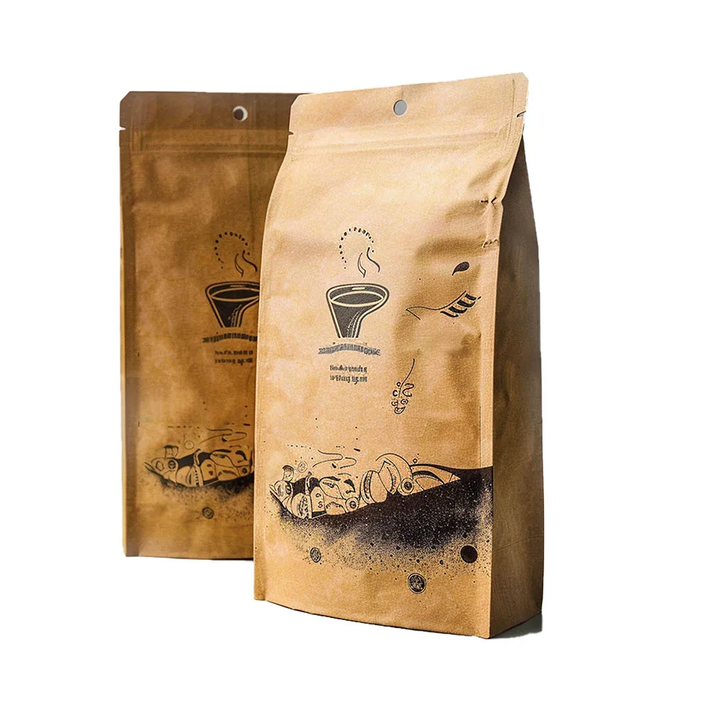 Custom Wholesale Coffee Bag with Valve and Zipper Small Stand Up Matte Coffee Bean Bag Kraft Paper Tin Tie Coffee Packaging
