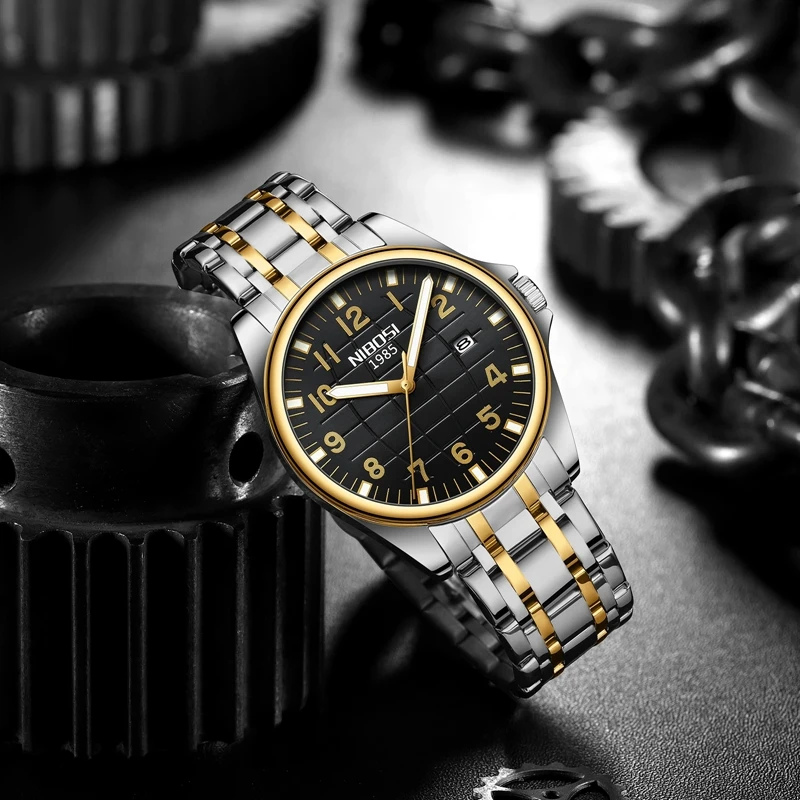 Luxury Brand Nibosi 2572 Mens Waterproof Sports Golden Quartz Wrist Watch