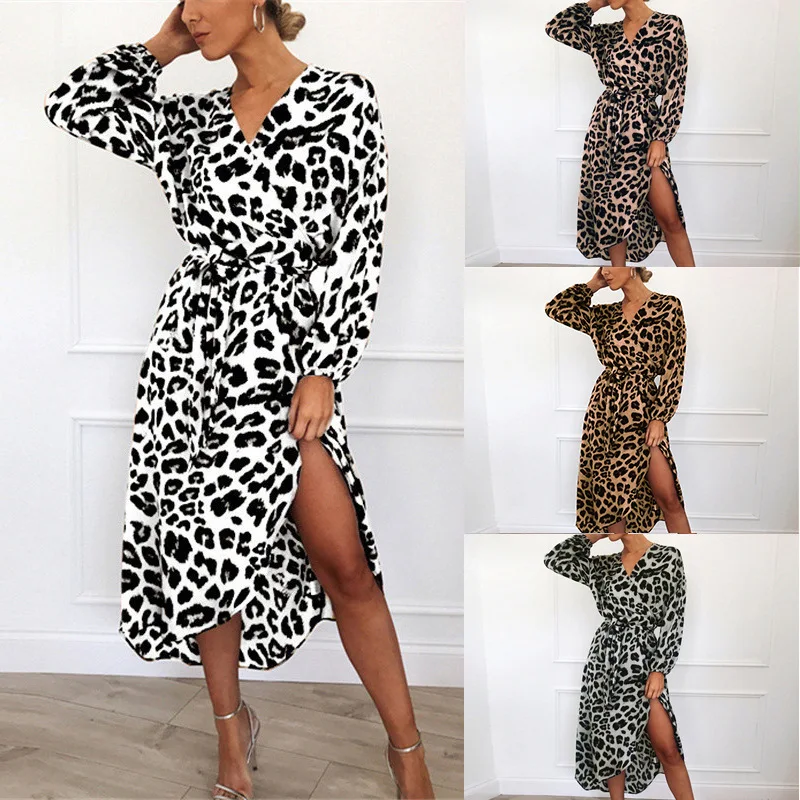High quality new product leopard V-neck women winter dresses 2023 Irregular high-rise tie body lepord print dress