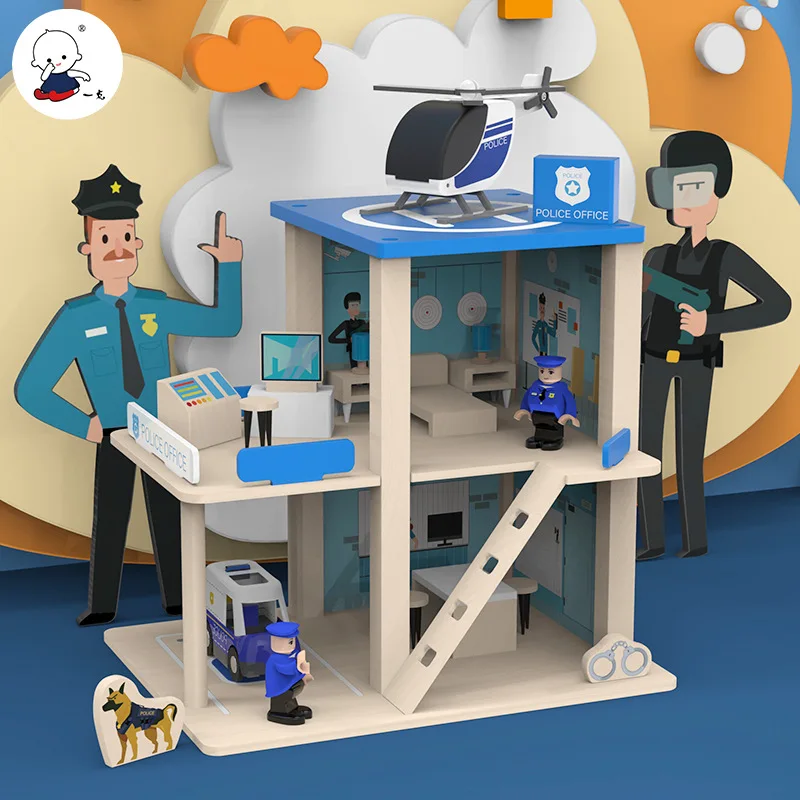 2024 New popular Police station & Fire Station role-playing toys baby toys wooden pretend toy for children