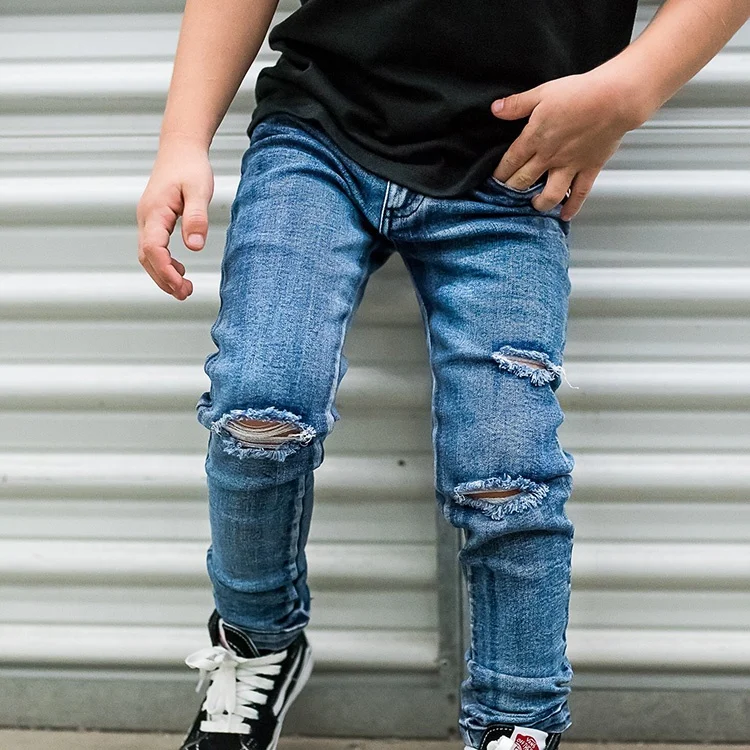 OEM Service Wholesale Children Skinny Jean Pants Unisex Blue Denim Jeans For Kids