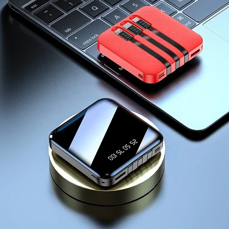 20000mah Mirror Mini Power Bank Portable Led Lcd Fast Charging Slim Powerbank Quick Charge Mobile Charger With 3 In 1 Cables