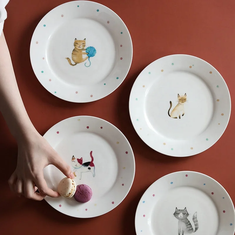 Ceramic Plate Dinner Plate with Cute Cat Design for Creative Cartoon Plate Dish Dinnerware Round Customized Pattern Kitchen
