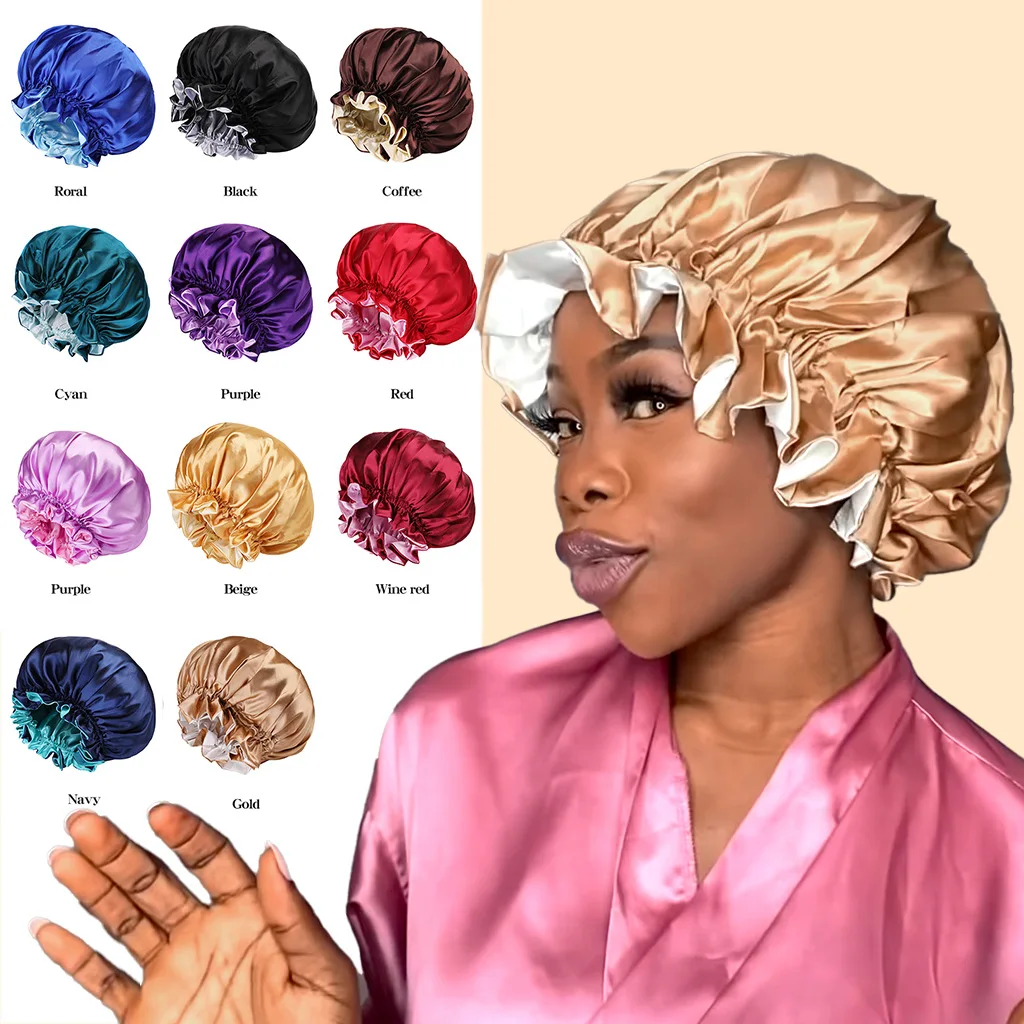 GIRLIZE Double Layer Wide Brim Solid Color Large Satin Sleep Cap Night Cap Elastic Hair Care Bonnet Bath Cap For Women