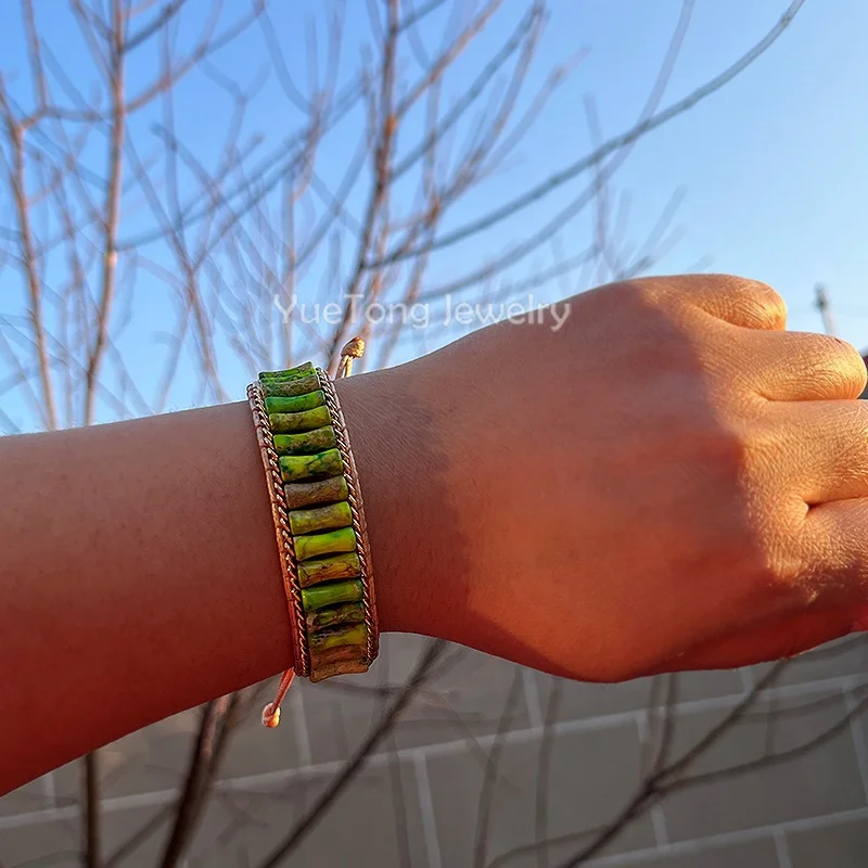 Handmade Natural Stone Bamboo Tube Beads 7 Chakra Single Wrap Cuff Bracelet Vegan Gold Stainless Steel Chain Jewelry Wholesale