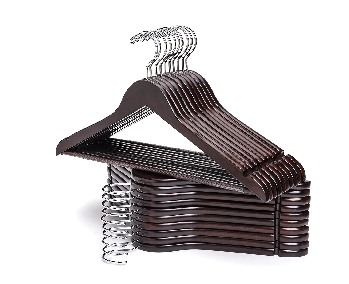 Manufacturer Smooth Walnut Wooden Hangers for Shirts Dresses Trousers with Non-Slip Pants Bar
