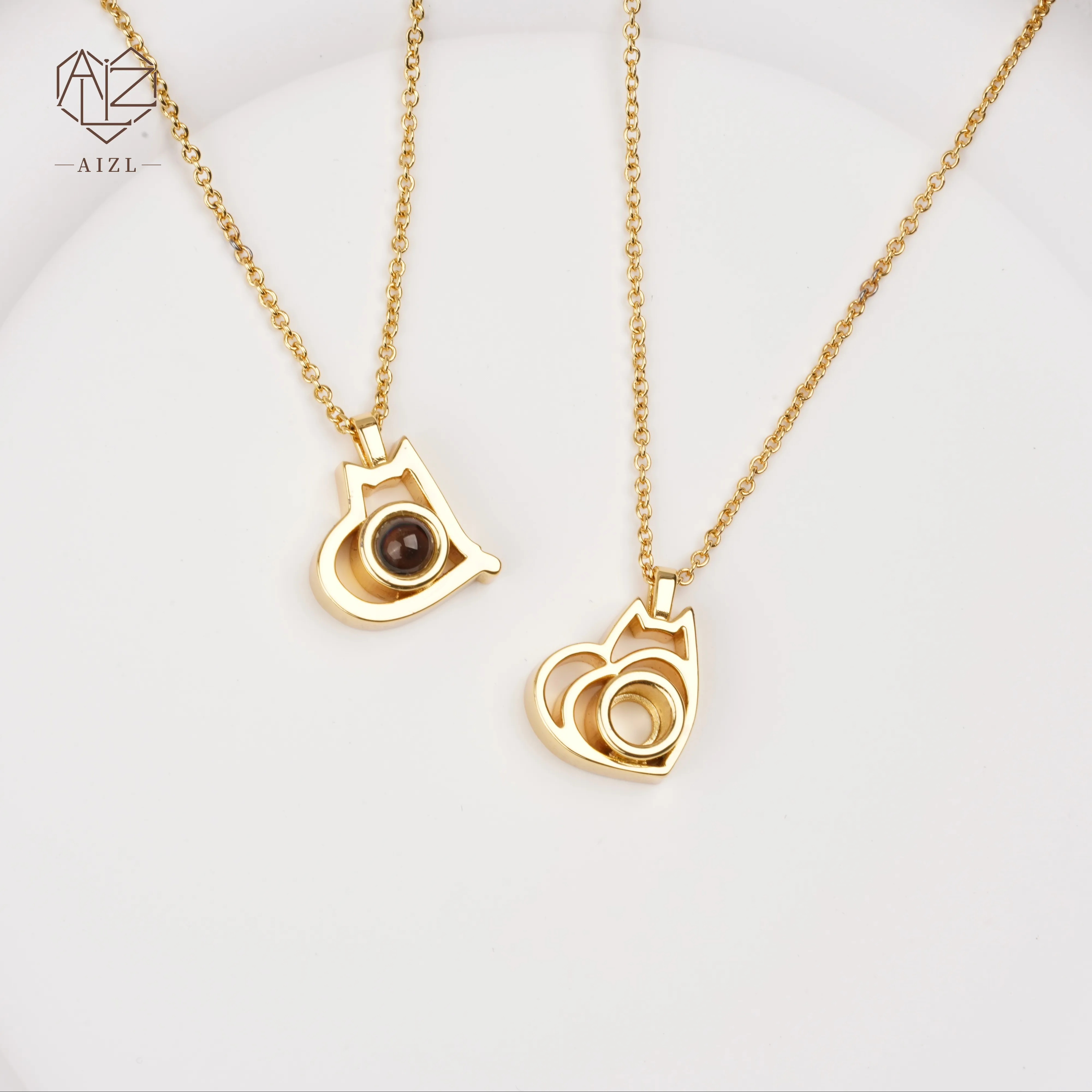 AIZL Cute Cat Photo Projection Customize Necklace Jewelry For Women 100 languages l love you necklace