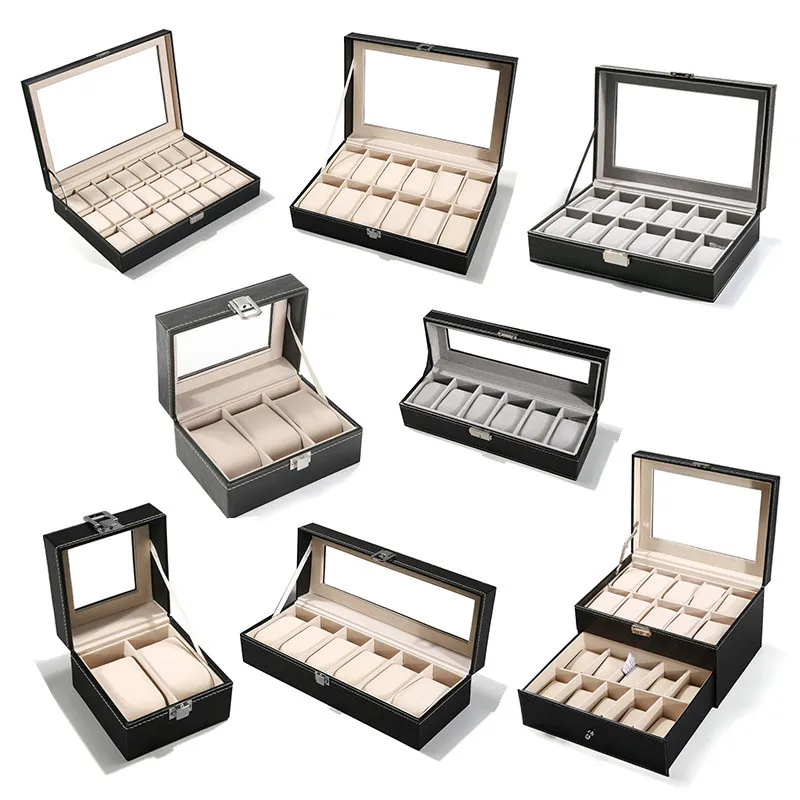 Custom logo 6 12 24 slots luxury pu leather gift packaging watch storage box black single watch case band strap display box