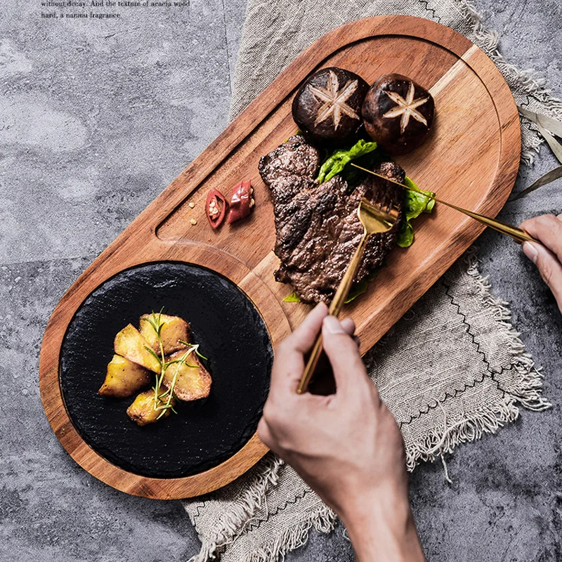 Black Western Plate Square Japanese Solid Wooden Pallet for Steak Sushi Pizza  Dish for Hotels Restaurants