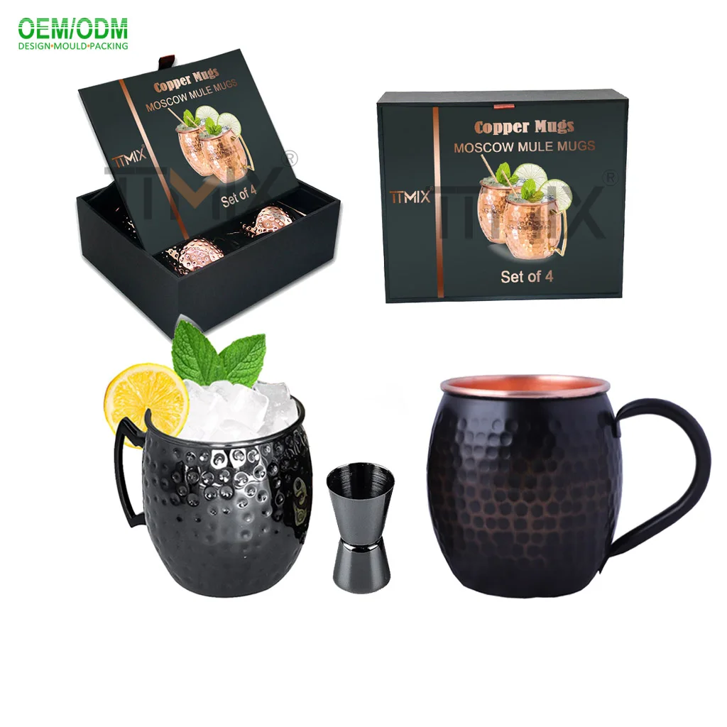 Moscow Mule 100% Pure Copper Mug Set of 4  Black Plated Mug 16OZ Double Wall Rustic Jigger and Spoons Set OEM Gift Packaging