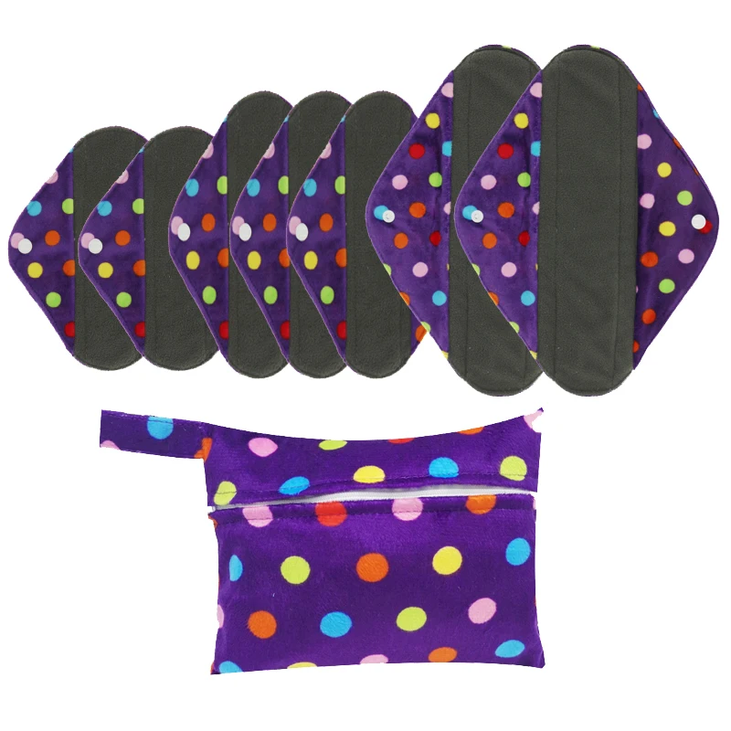 8pcs/Set Bamboo Charcoal S M L Cloth Pads with Wet Bag Portable Set For Travel Health Care Reusable Washable Sanitary Napkin Pad