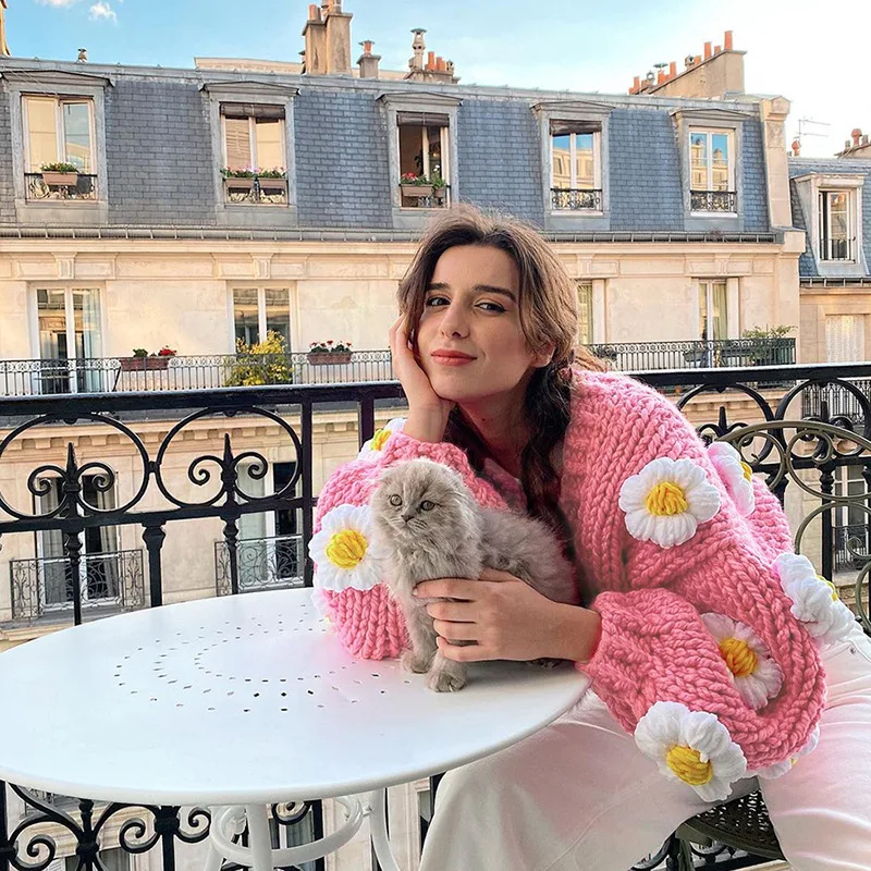 New arrival casual fashion fall winter keep flower cardigan sweater coat jacquard knit sweaters women tops